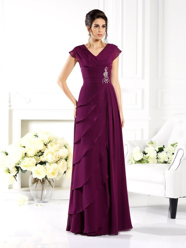 Robes de mère de la mariée longues en mousseline à manches courtes et col en V